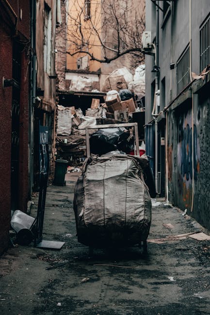 A narrow urban alleyway cluttered with a large, wheeled black rubbish bin in the foreground, which appears to be made of durable plastic with a textured surface and is partially covered in dirt. Behin